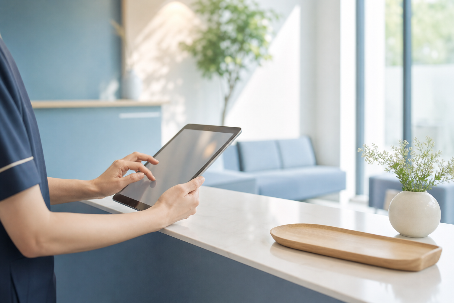 受付のタブレットで院内のAI利用ルールを確認する朝の風景